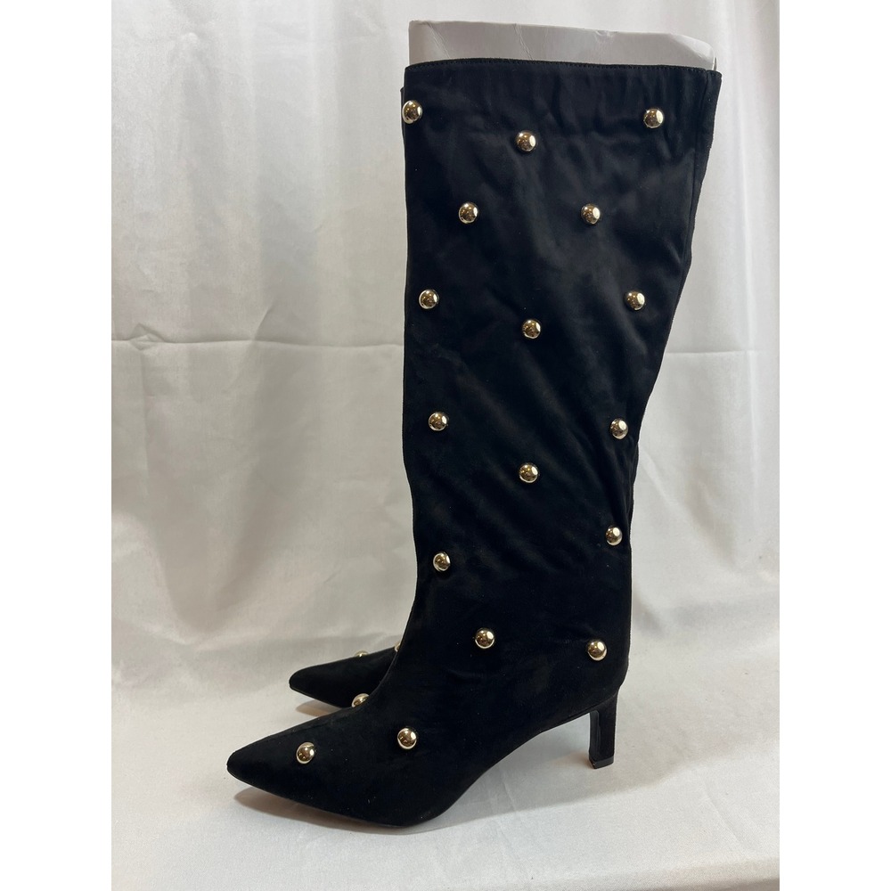 A New Day Womens Black Suede Gold Studded Pointed Toe Kitten Heel Boots Size 8